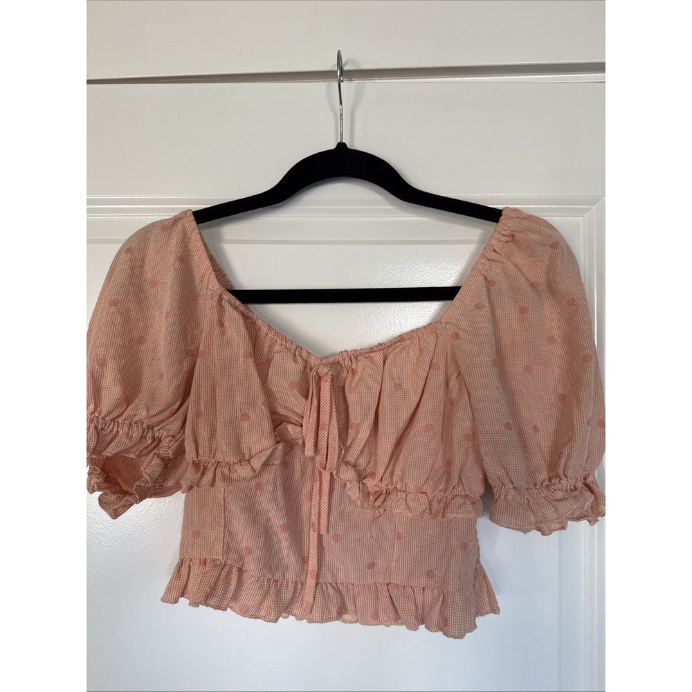 Suite 2939 Peach Gingham Puff Sleeve Ruffle Crop Top Size M Polka Dot Gingham
